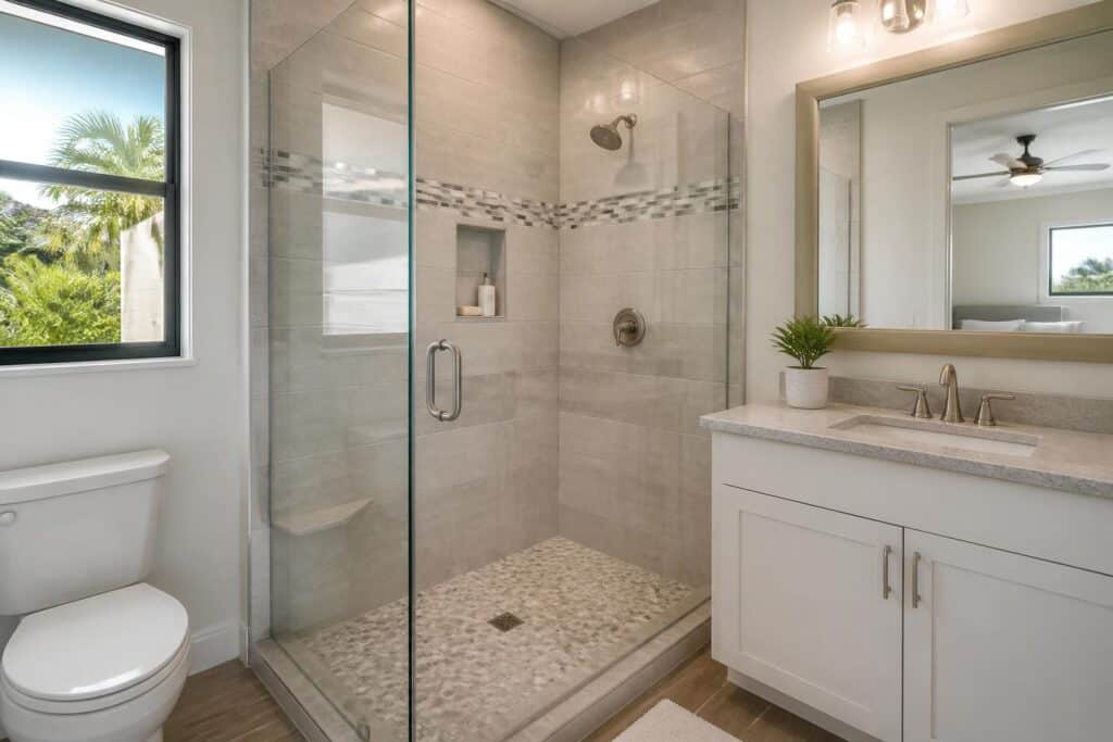 Walk-in shower replacement details for a Southwest Florida bathroom