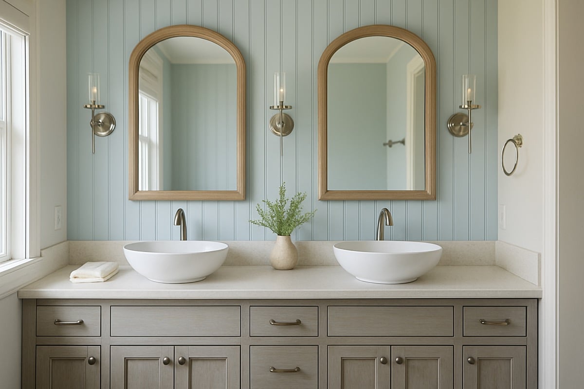 A bathroom double vanity with a quartz countertop and two vessel sinks in a coastal-style Florida bathroom