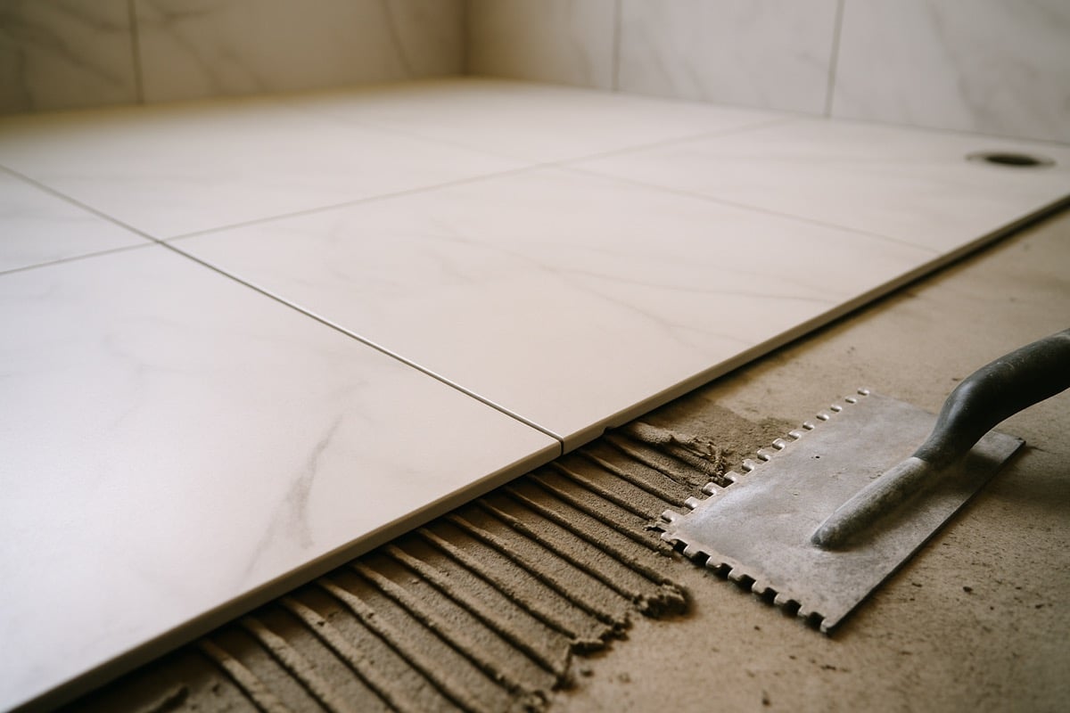 Detail shot of large-format porcelain tile being installed on a bathroom floor with even grout lines and a notched trowel and thinset visible