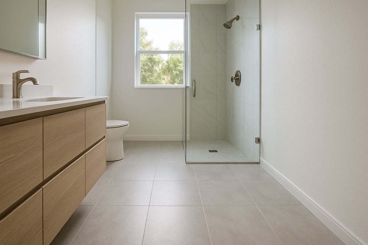 A walk-in shower with a tiled floor and a low-threshold entry in a modern Florida bathroom