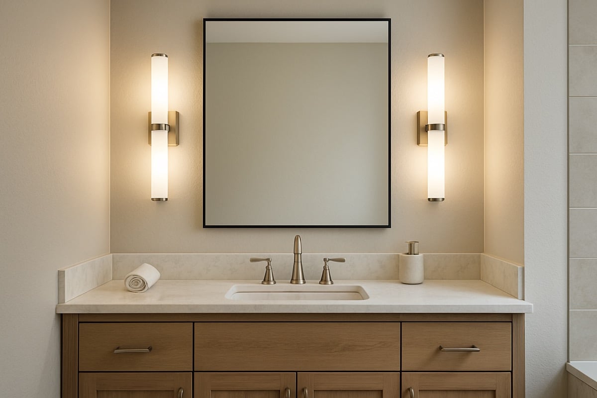 A vanity with two vertical wall sconces flanking a large mirror in a contemporary bathroom