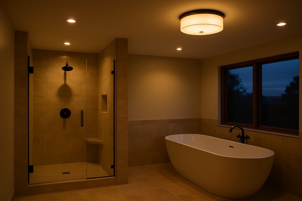 Recessed downlights and a dimmable ceiling fixture illuminating a walk-in shower and freestanding tub in a spa-style bathroom at dusk