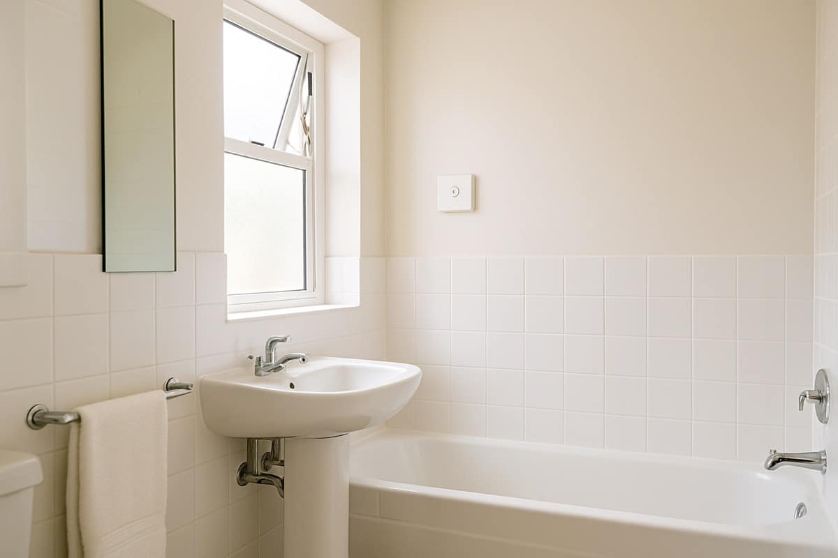 A bright well-ventilated bathroom with an open frosted window and a wall-mounted humidity sensor switch