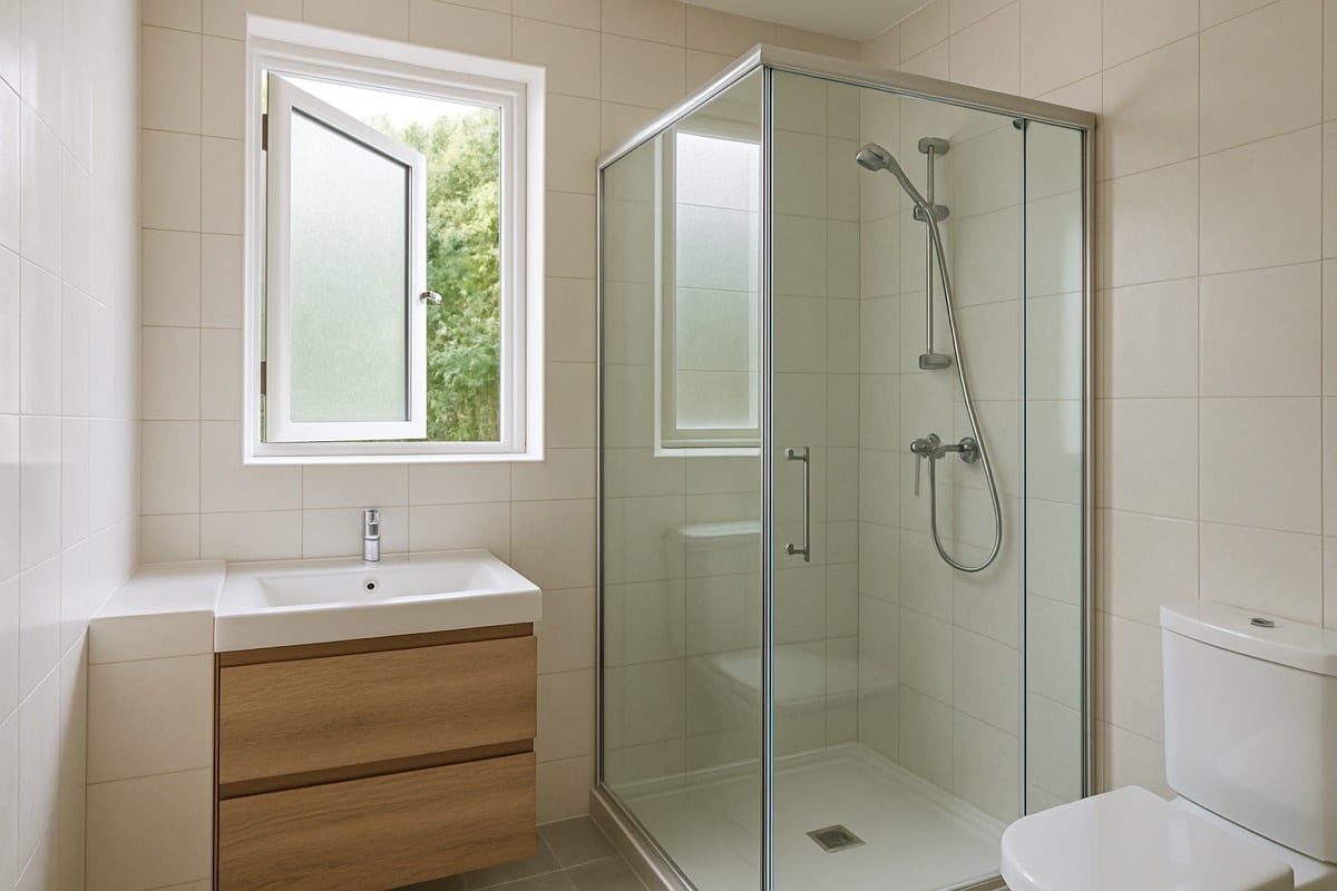 A bathroom with a glass shower enclosure and good airflow